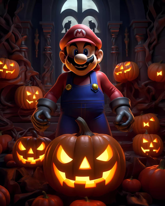 Super Mario surrounded by Halloween pumpkins in a dark, spooky setting