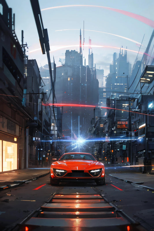 Crimson Velocity: City Lights in Motion - Metal Poster