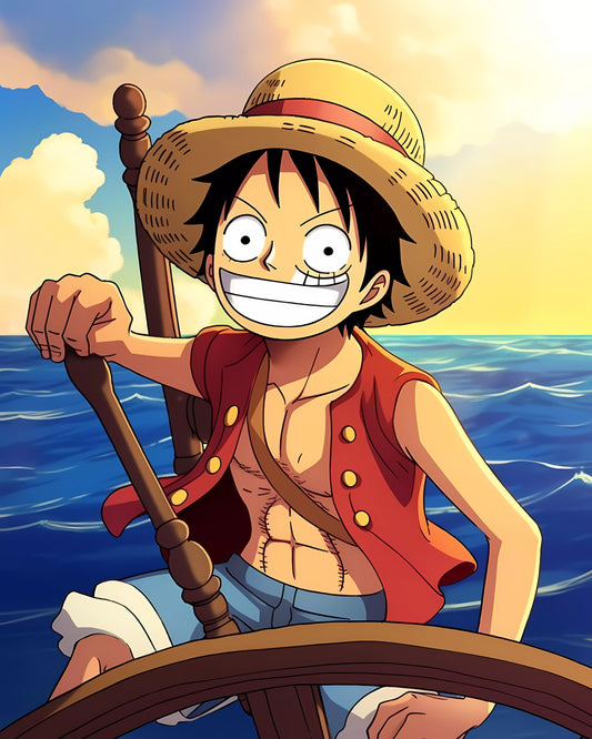 Animated character steering a ship with a bright sky and ocean background