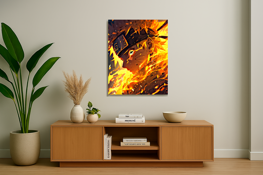 Wooden cabinet with decorative items against a wall with a fiery abstract painting