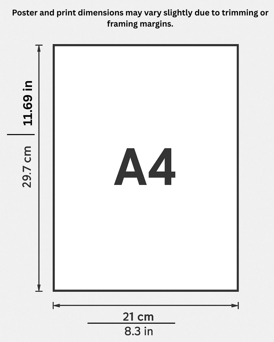 A4 size poster dimensions with measurements in inches and centimeters.