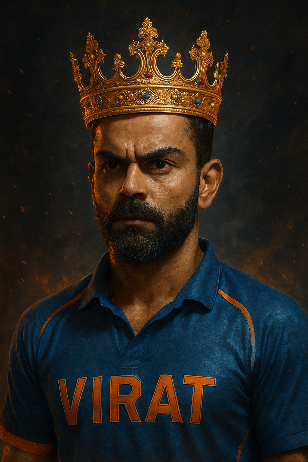 Ascend into the Majesty and Dominance of Royal Blaze Sovereign: The Crowned Fury of Virat Kohli.