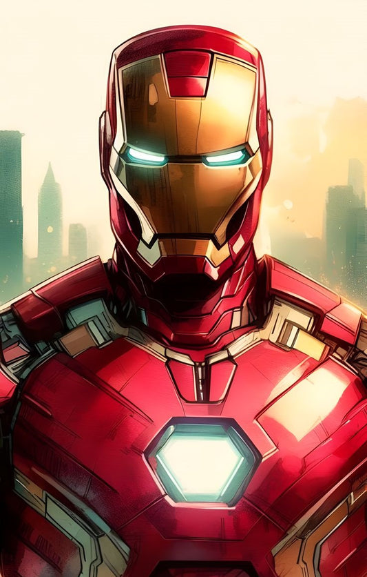 Red and gold superhero suit with cityscape background