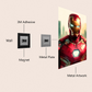 Metallic superhero artwork with 3M adhesive, magnet, and metal plate components on a beige background.