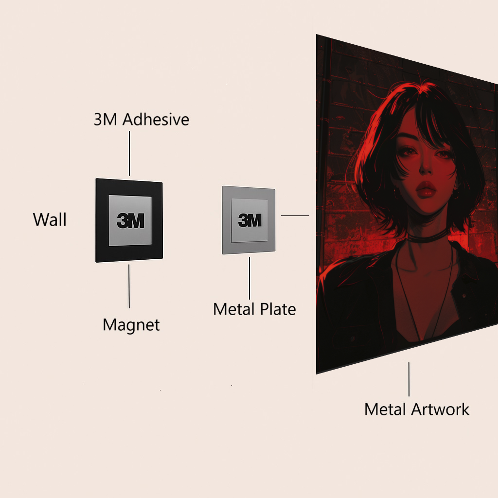Diagram showing the components of a metal artwork with 3M adhesive, magnet, and metal plate.