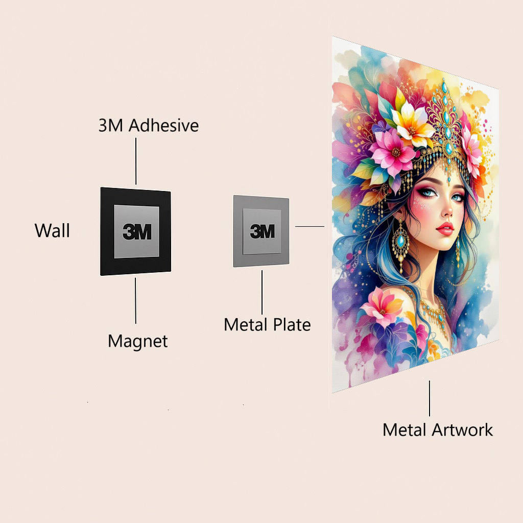 Metallic artwork with 3M adhesive, magnet, and metal plate components on a beige background.