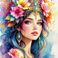 Colorful illustration of a woman with flowers and jewelry