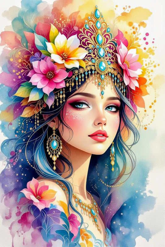 Colorful illustration of a woman with flowers and jewelry