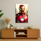 Wooden entertainment console with decorative items and a superhero-themed poster on a wall.