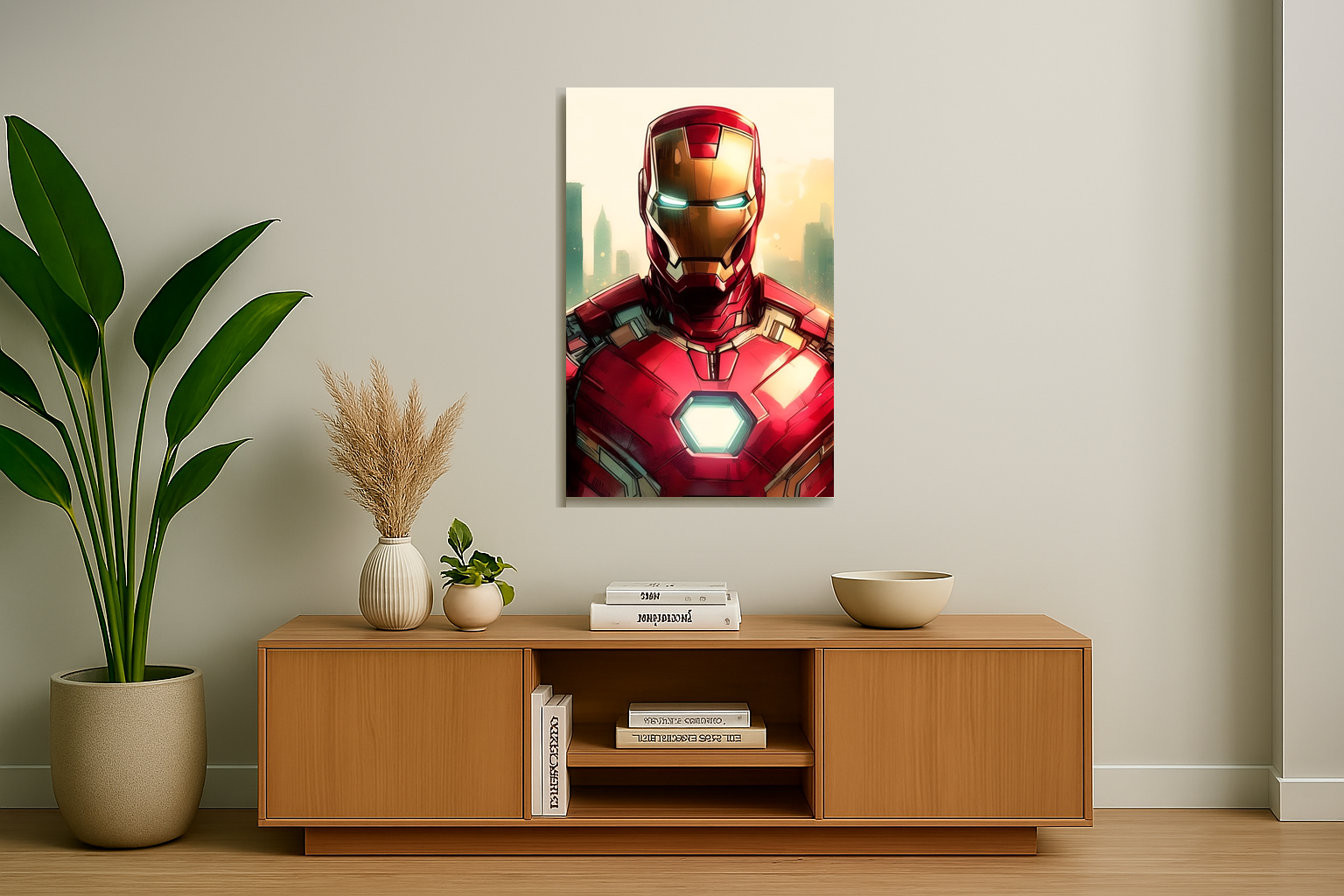 Wooden entertainment console with decorative items and a superhero-themed poster on a wall.