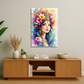Colorful painting of a woman with flowers in her hair on a wall above a wooden cabinet.