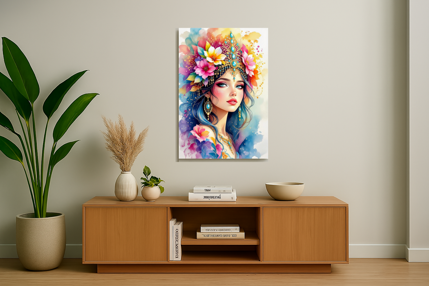 Colorful painting of a woman with flowers in her hair on a wall above a wooden cabinet.