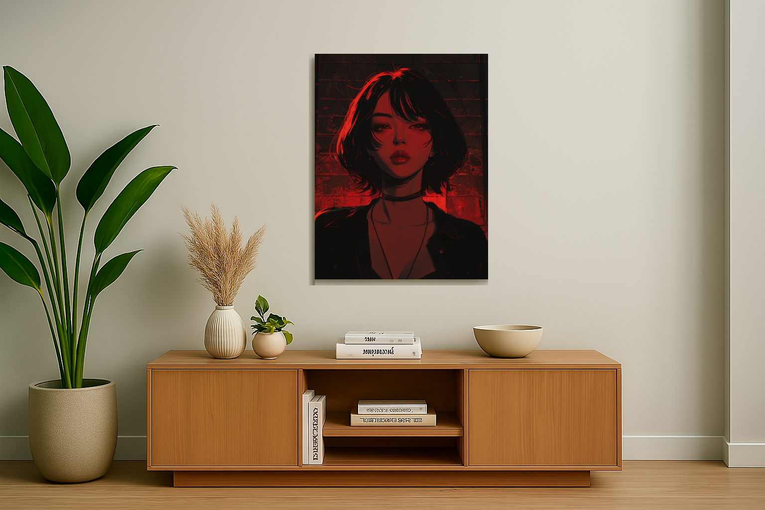 Modern interior with a wooden cabinet, decorative items, and a striking portrait on the wall.