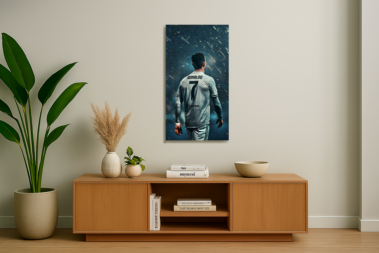 Wooden cabinet with decorative items and a framed picture of a person on a wall.