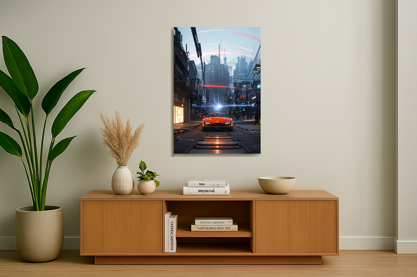 Crimson Velocity: City Lights in Motion - Metal Poster
